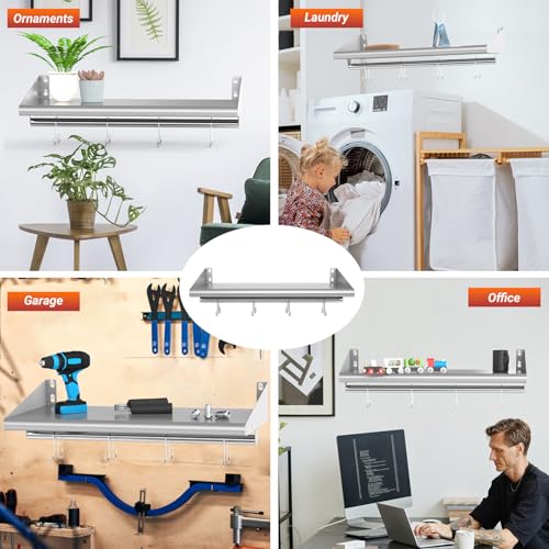 12" x 24" Stainless Steel Wall Mounted Shelf with 4 Hooks