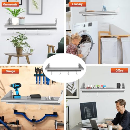12" x 24" Stainless Steel Wall Mounted Shelf with 4 Hooks