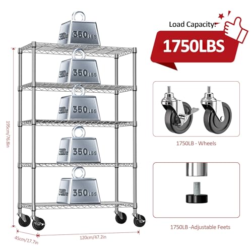 5 Tier Storage Shelving Unit with Wheels (5 Count)