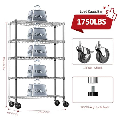 5 Tier Storage Shelving Unit with Wheels (5 Count)
