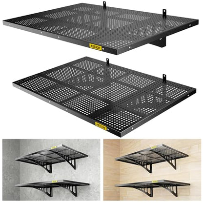 2 Pack 2x3ft Adjustable Garage Wall Shelving 560lbs Load Capacity Heavy Duty Wall Mounted Storage Shelf Metal Floating Shelves for Garage (2 Count)
