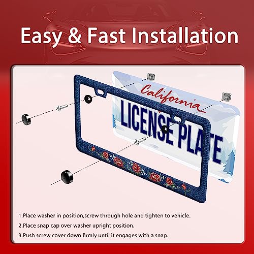 Blue Flower Jean License Plate Frame Stainless Steel Car Accessory 6.3x12.3
