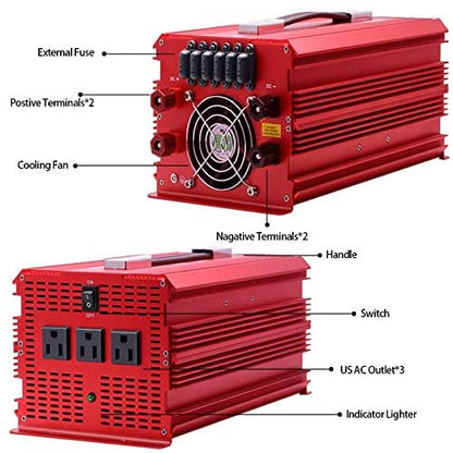 2000W Power Inverter 3 AC Outlets DC 12V to 110V AC Car Power Inverter for Camping Outdoor Power Supply ETL Listed