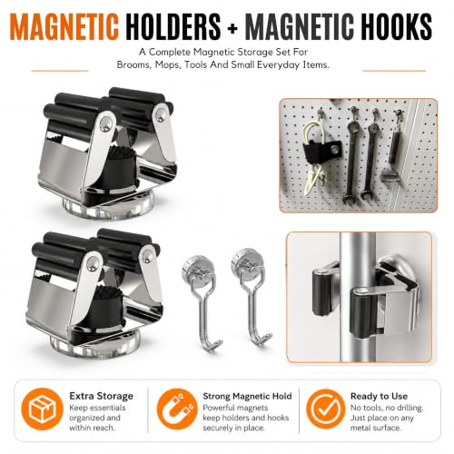 2 Pack Magnetic Broom Holder with 2 Pack Mini Magnetic Hooks (2 Count)