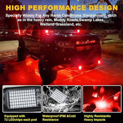 4Pods Pure Red LED Rock Lights 72 pcs LEDs high Power Rock Lights Neon Underglow Light for Car Trucks ATV UTV SUV Boat Underbody Glow Trail Rig Lights IP68 Waterproof