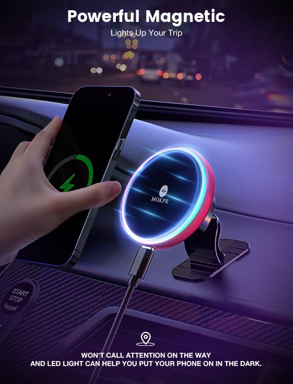 for Magsafe Car Mount Charger 15W LED RGB Car Phone Holder for Dash Vent