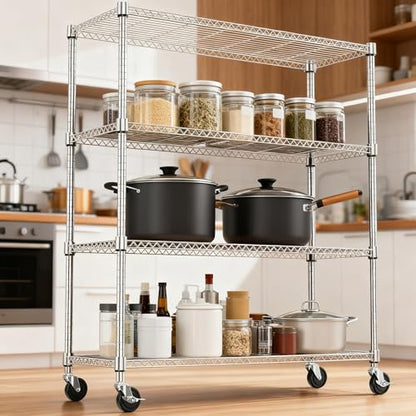 1400LBS 47.2" W 4 Tiers Storage Shelves Metal Shelving Unit with Wheels Heavy Duty Garage Shelving Adjustable Wire Shelves for Pantry