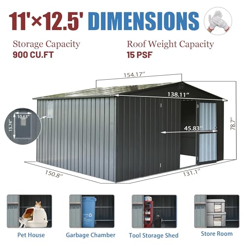Extra Large Galvanized Steel Storage Shed 11' x 12.5' with Windows & Lock