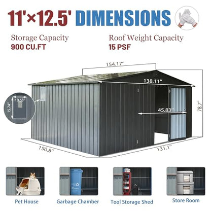 Extra Large Galvanized Steel Storage Shed 11' x 12.5' with Windows & Lock