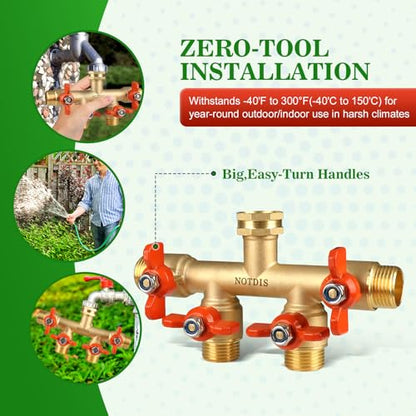4 Way Brass Hose Splitter Full Flow with Metal Handle