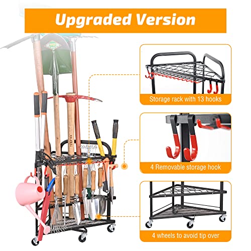 Garden Tool Organizer with Wheels and Storage Hooks