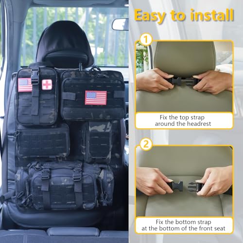 Universal Tactical Car Seat Back Organizer Bag Tactical Molle Vehicle Organizers Panel Vehicle Protector Organizers with 5 Detachable Pouches for Car Truck Ford Jeep