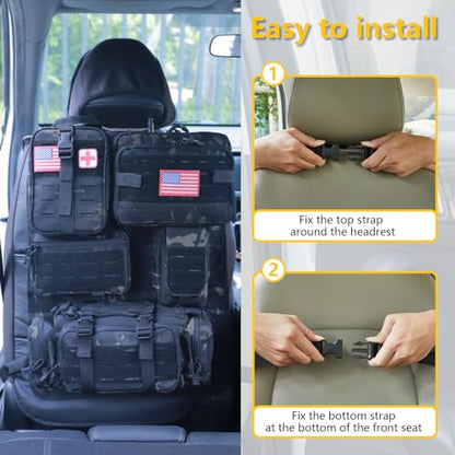 Universal Tactical Car Seat Back Organizer Bag Tactical Molle Vehicle Organizers Panel Vehicle Protector Organizers with 5 Detachable Pouches for Car Truck Ford Jeep