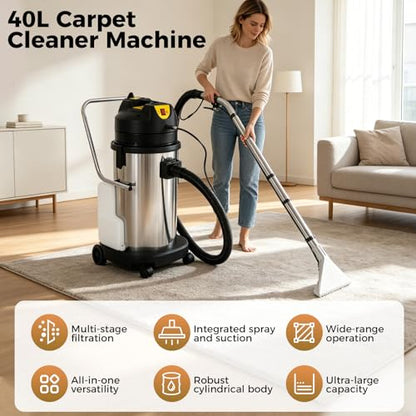 40L Commercial Carpet Cleaning Machine 3 in 1 Upholstery Cleaner Machine 1000W Professional Extractor Vacuum Washing Machine for Cleaning Carpets