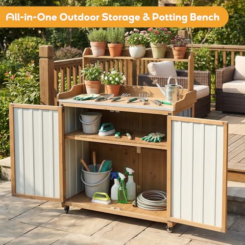 Potting Bench Table & Outdoor Storage Cabinet with Lockable Wheels