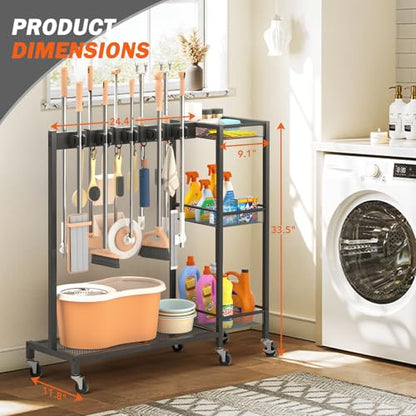 Broom Holder with Cleaning Supplies Organizer