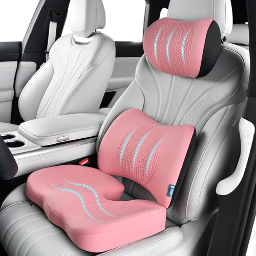 3 PCS Seat Cushion for Carseat Lumbar Support Pillow Car Neck Headrest Pillows Memory Foam Gel Memory Foam Massage Point Seat Pads Pressure Relief Back Cushion for Office Chair (3 Count)
