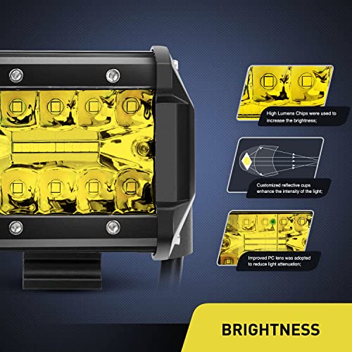 2PC 4Inch Yellow Led Pods Triple Row 60W Flood Spot Combo Driving Fog Lights with 16AWG Switch Wiring Harness Kit (2 Count)