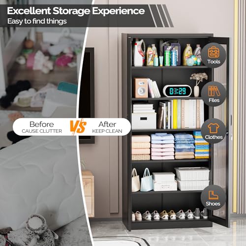 Lockable Display Cabinet with Glass Doors & 5 Adjustable Shelves