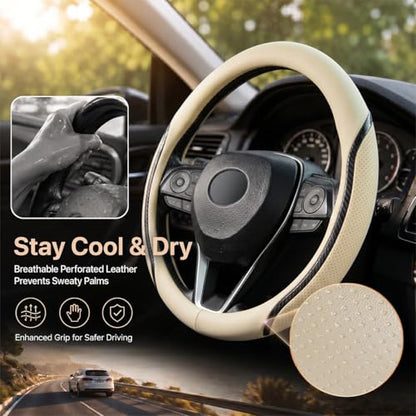 Beige Steering Wheel Cover with Coasters Leather Universal 15 inch