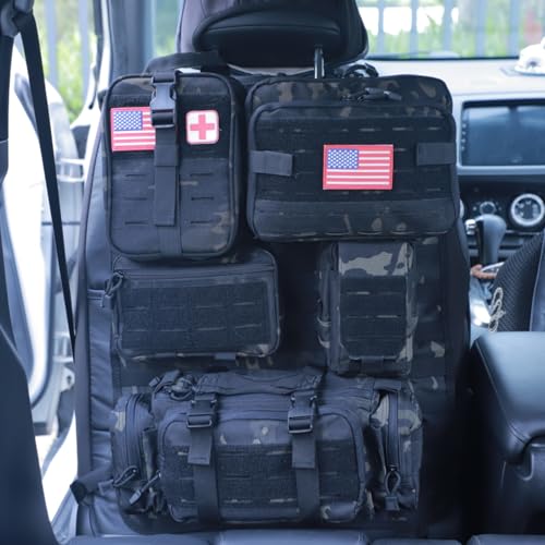 Universal Tactical Car Seat Back Organizer Bag Tactical Molle Vehicle Organizers Panel Vehicle Protector Organizers with 5 Detachable Pouches for Car Truck Ford Jeep