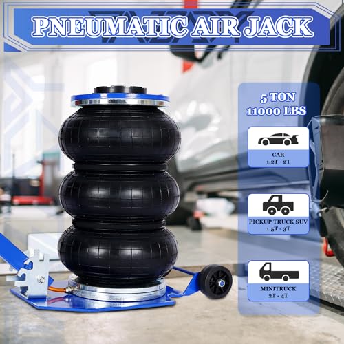 5T Triple Bag Air Jack 11000lbs Pneumatic Jack 3s Fast Lift Up 16in Airbag Jack with Adjustable Long Handle Heavy Duty Triple Air Bag Jack Lift for Cars Garage