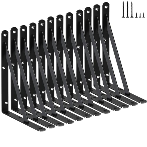 12 Pack L8 x H 6" Black Heavy Duty Shelf Brackets with Screws Metal Shelf Brackets Shelf Support Angle Brackets for Shelves L Brackets Heavy Duty Floating Shelf (12 Count)