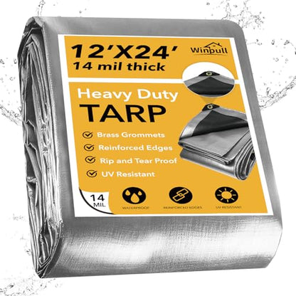 Heavy Duty Tarp 14 Mil Tarp Waterproof Silver 12x24 FT