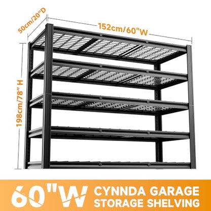 5 Tier 60”W x 20”D x 78”H Shelving Units for Garage 3300LBS Heavy Duty Garage Shelving Metal Storage Shelves Adjustable Industrial Shelving Unit 60 Inch Shelf（Black）