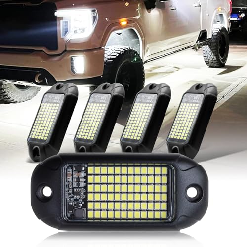 4Pods Pure White 72 LEDs SMD Chips 72w High Power Rock Lights Super Bright White Offroad Car Boat Underglow Lights IP68 Waterproof for Truck SUV UTV ATV RZR