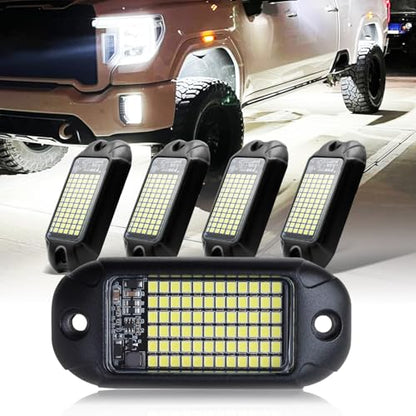 4Pods Pure White 72 LEDs SMD Chips 72w High Power Rock Lights Super Bright White Offroad Car Boat Underglow Lights IP68 Waterproof for Truck SUV UTV ATV RZR