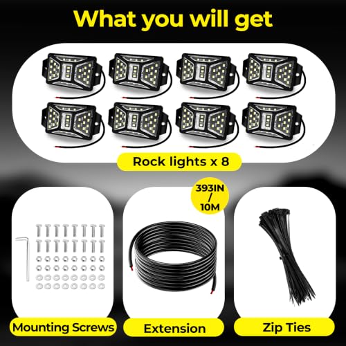 8 Pods 216 LEDs 6000K White Rock Lights with 32.8FT Extension Wire (8 Count)