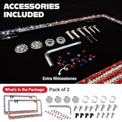 Patriotic USA American Flag Bling License Plate Frames for Women (2 Count)
