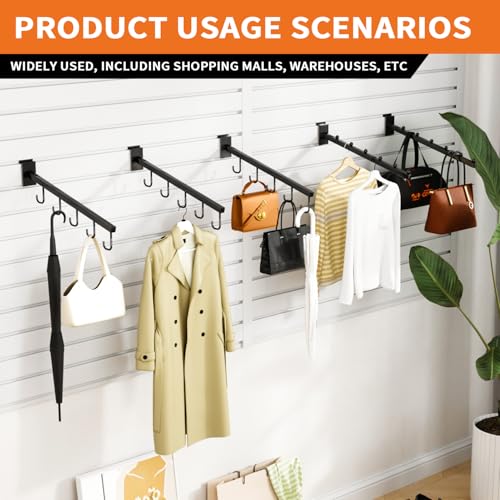 10-Pack 17-Inch Slatwall Waterfall Display Hooks with 5 J-Hooks – Black Slanted Arm Rack for Hanging Apparel, Bags & Accessories (25 Count)
