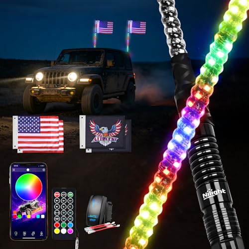 RGB LED Whip Light 2PCS 5FT Spiral Antenna Whips (5 Foot)