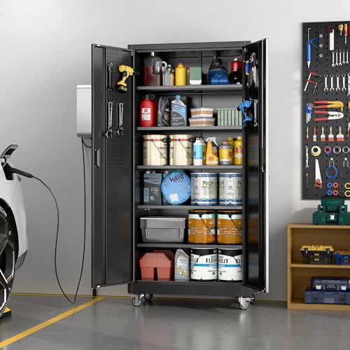 Black Metal Garage Storage Cabinet with Wheels