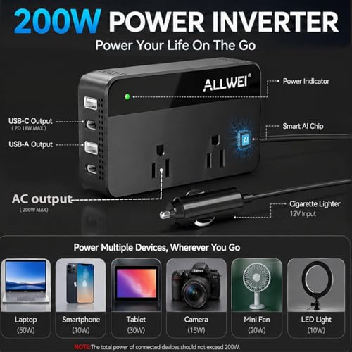 200W Car Power Inverter 12V DC to 110V AC with USB C