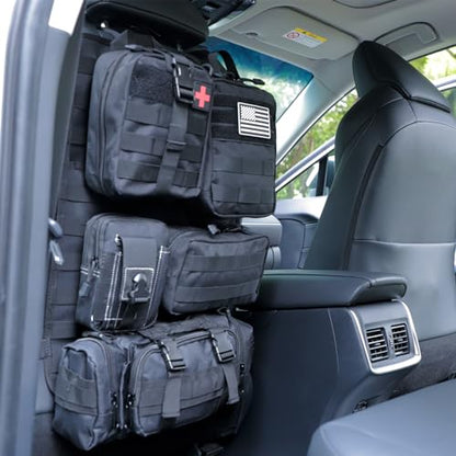 tactical car seat back organizer and storage truck seat covers with a Molle Vehicle Panel and 5 Different Size Molle Pouches for most models such as Jeep