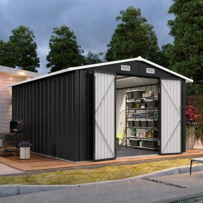 10x12FT Shed with Floor Galvanized Steel Outdoor Storage Shed Black