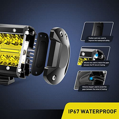 2PC 4Inch Yellow Led Pods Triple Row 60W Flood Spot Combo Driving Fog Lights with 16AWG Switch Wiring Harness Kit (2 Count)