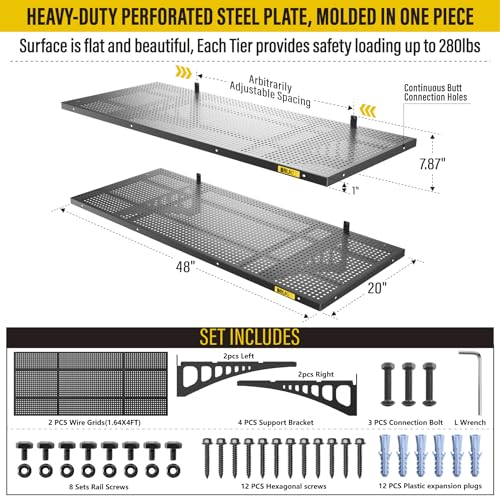 2Pack 1.64x4ft Adjustable Metal Garage Wall Shelving Heavy Duty Garage Storage Shelf Wall Mounted Black (2 Count)