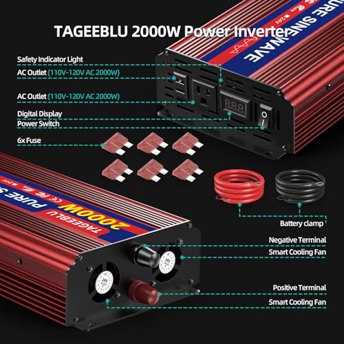 24V 2000W Pure Sine Wave Power Inverter 24V DC to 110V 120V AC for Vehicles