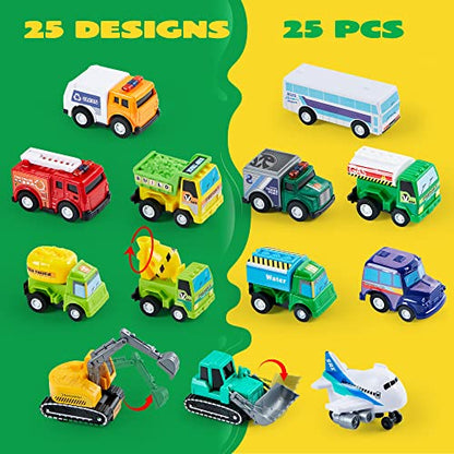 25 Pieces Pull Back Cars and Trucks Toy Vehicles Set for Kids