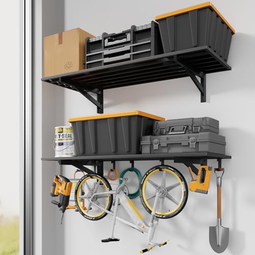 2 Pack Wall Mounted Garage Shelving with 8 Hooks (2 Count)