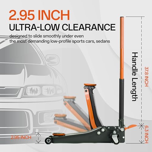 3-Ton (6600lbs) Low-Profile Dual Pistons Heavy-Duty Steel Racing Floor Jack with Quick Lift Hydraulic Pump, Foot Pedal and Magentic Pad for Car Maintenance