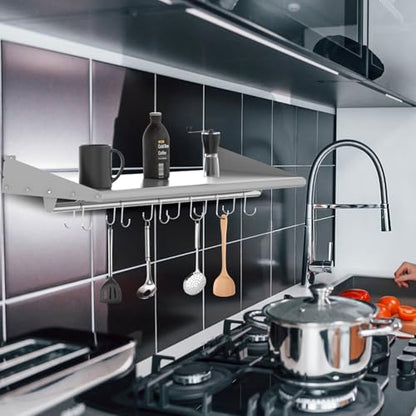 12"x36" Stainless Steel Wall Mount Floating Shelving with 6 Hooks