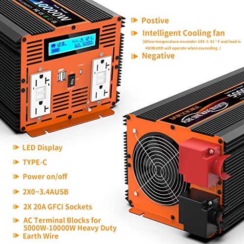 5000W Pure Sine Wave Power Inverter 12V DC to 110V 120V Converter for Family RV Off Grid Solar System Emergency Power Supply