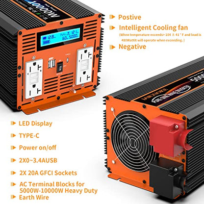 5000W Pure Sine Wave Power Inverter 12V DC to 110V 120V Converter for Family RV Off Grid Solar System Emergency Power Supply