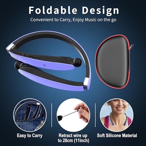 Foldable Bluetooth Headphones Wireless Neckband Headset with Retractable Earbuds