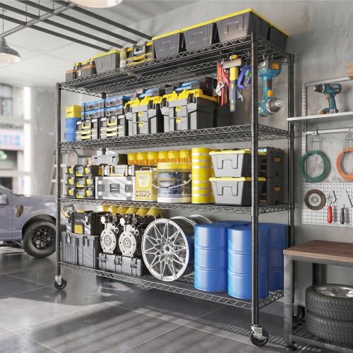 55.52''W Storage Shelves 2480LBS Wire Shelving Unit with Wheels Heavy Duty Metal Shelves for Storage Adjustable Garage Storage Rack Kitchen Shelving (4 Count)